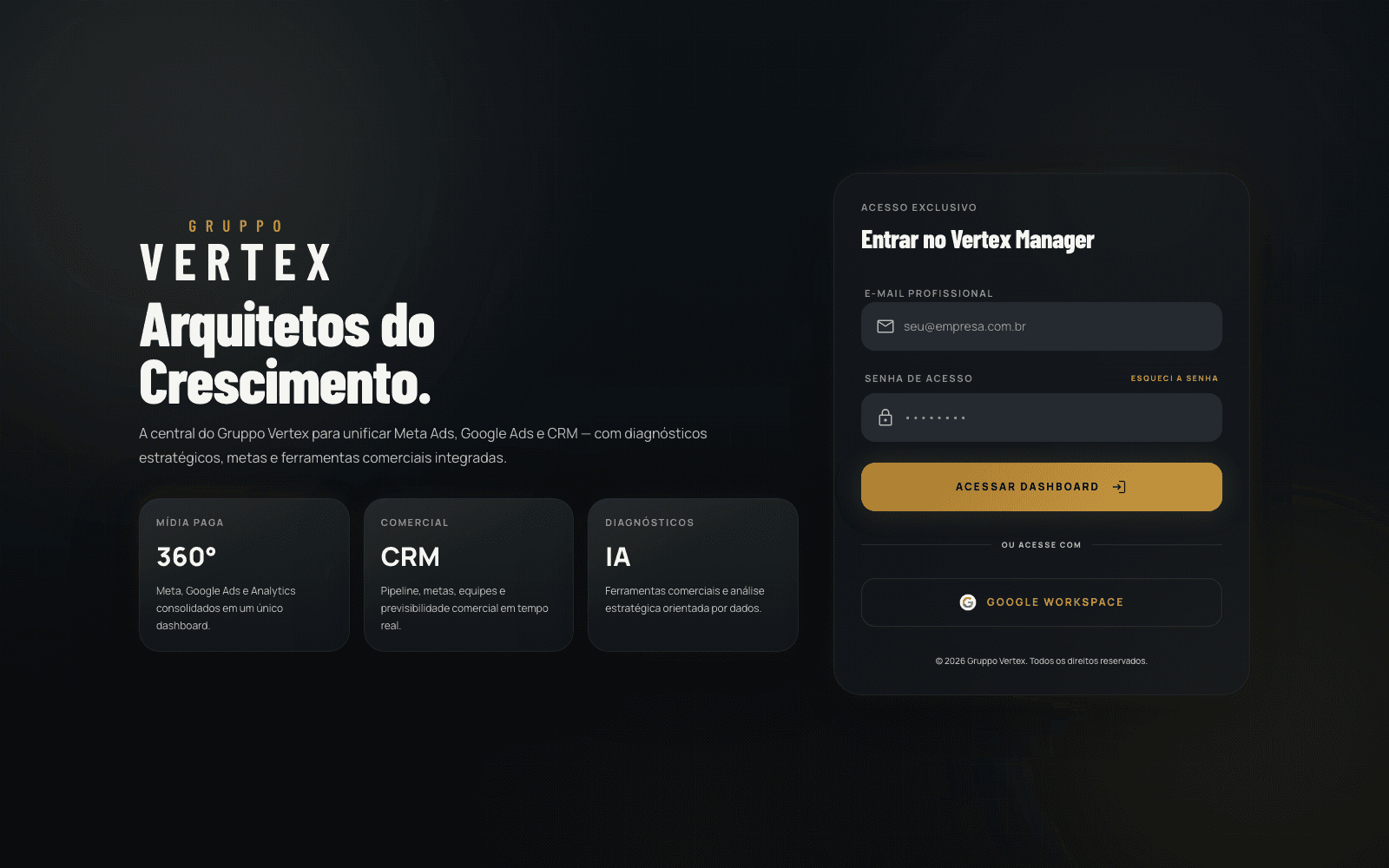 Vertex Manager — tela de acesso da plataforma